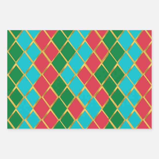 Blue Red Green Gold Diamond pattern Wrapping Paper Sheet (Front)