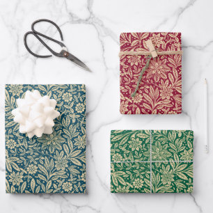 Blue Red Green & Gold Vintage Floral Pattern Wrapping Paper Sheet