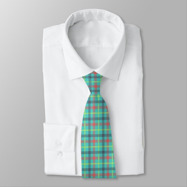 Blue Red Green Teal Tartan Plaid Classic Men's Tie (Tied)