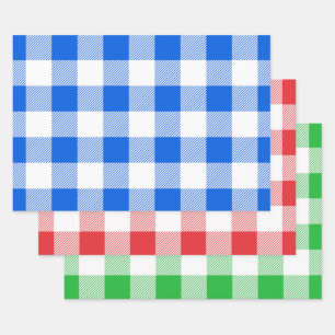 Blue Red & Green / White Buffalo Plaid Pattern Wrapping Paper Sheet