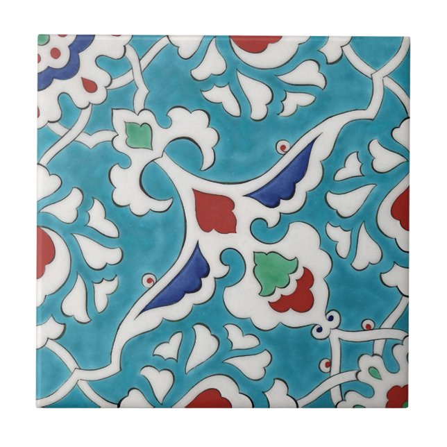 Blue Red Green White Portuguese Azulejo Pattern Ceramic Tile (Front)