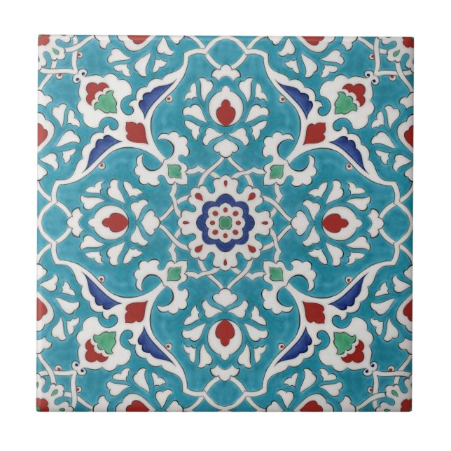 Blue Red Green White Portuguese Azulejo Pattern Ceramic Tile (Front)