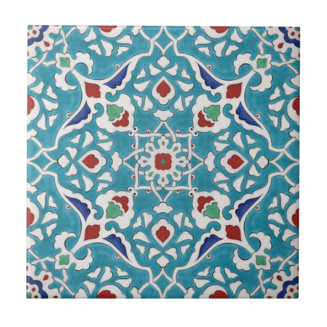 Blue Red Green White Portuguese Azulejo Pattern Ceramic Tile (Front)