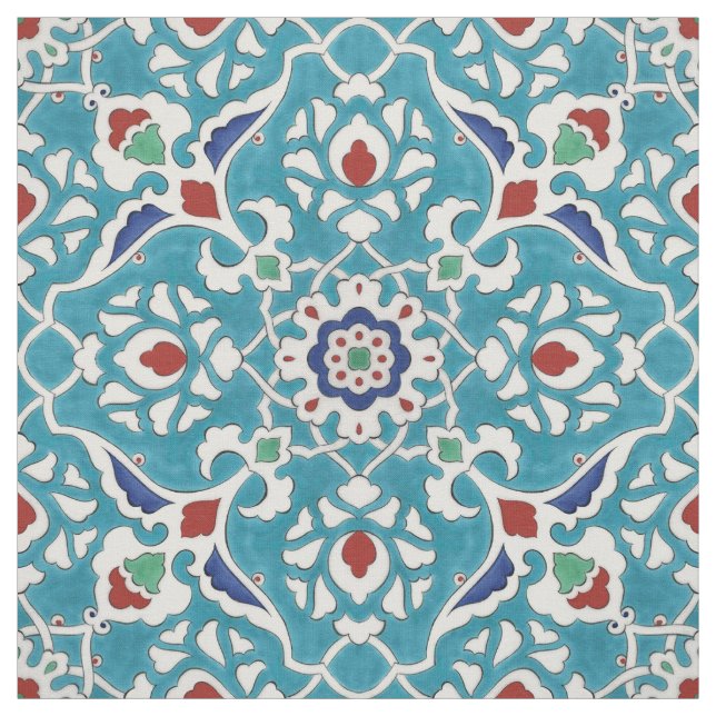 Blue Red Green White Portuguese Azulejo Pattern Fabric (Swatch)