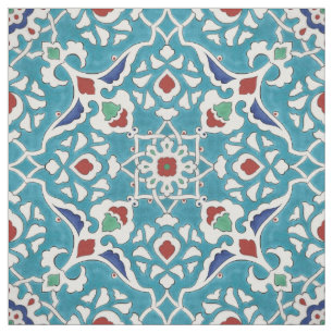 Blue Red Green White Portuguese Azulejo Pattern Fabric