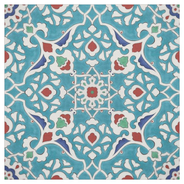 Blue Red Green White Portuguese Azulejo Pattern Fabric (Swatch)
