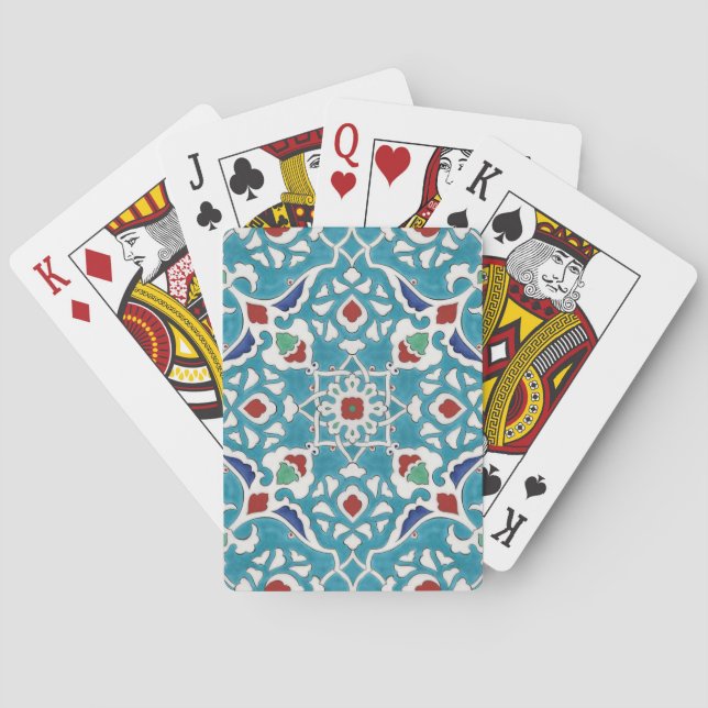 Blue Red Green White Portuguese Azulejo Pattern Playing Cards (Back)