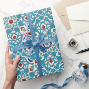 Blue Red Green White Portuguese Azulejo Pattern Wrapping Paper