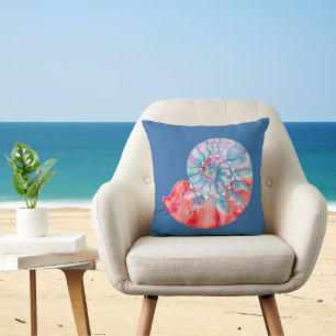 Blue Red Grey Nautilus on Blue Cushion