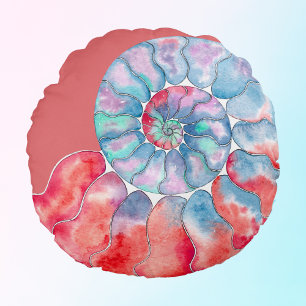 Blue Red Grey Nautilus on Coral Round Cushion