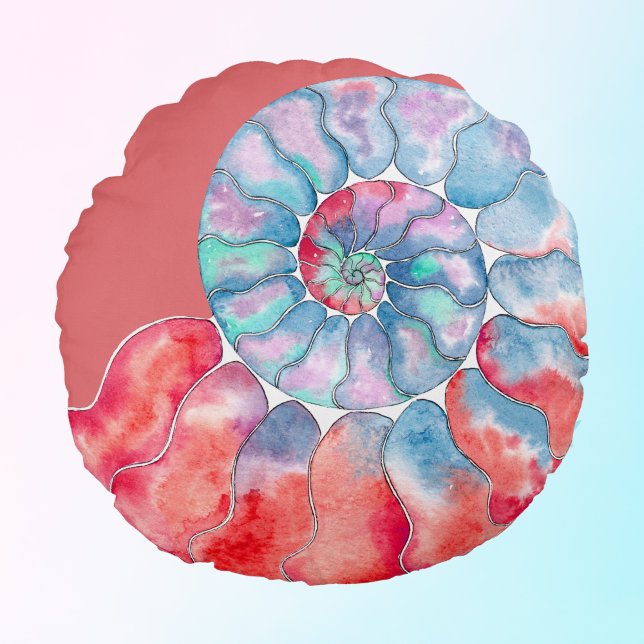 Blue Red Grey Nautilus on Coral Round Cushion (Creator Uploaded)