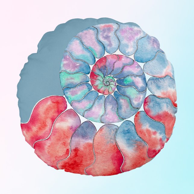 Blue Red Grey Nautilus on Deep Aqua Background Round Cushion (Creator Uploaded)