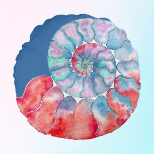 Blue Red Grey Nautilus on Dusty Blue Round Cushion