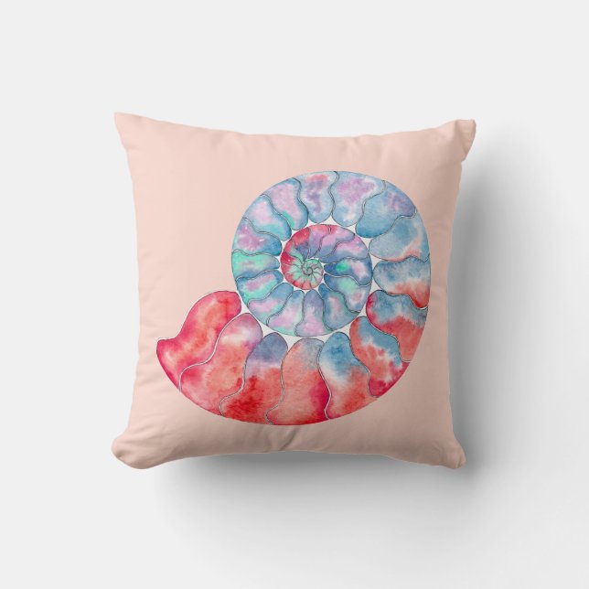 Blue Red Grey Nautilus on Light Peach Cushion (Front)