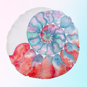 Blue Red Grey Nautilus on Off-White Background Round Cushion