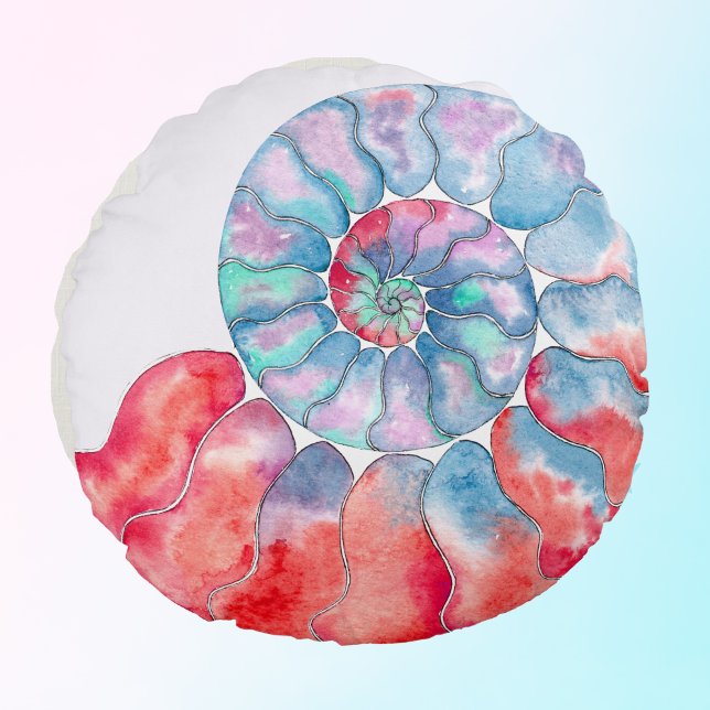 Blue Red Grey Nautilus on Off-White Background Round Cushion (Creator Uploaded)