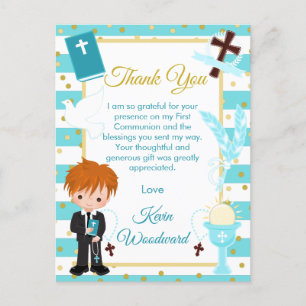 Blue Red Hair Boy First Communion Thank You Postcard