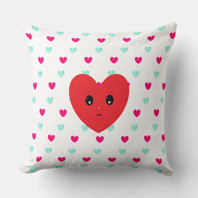 Blue & Red Heart Pattern on White Cushion (Front)