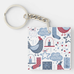 Blue Red Hello Winter Folk Art Chicken Pattern Key Ring