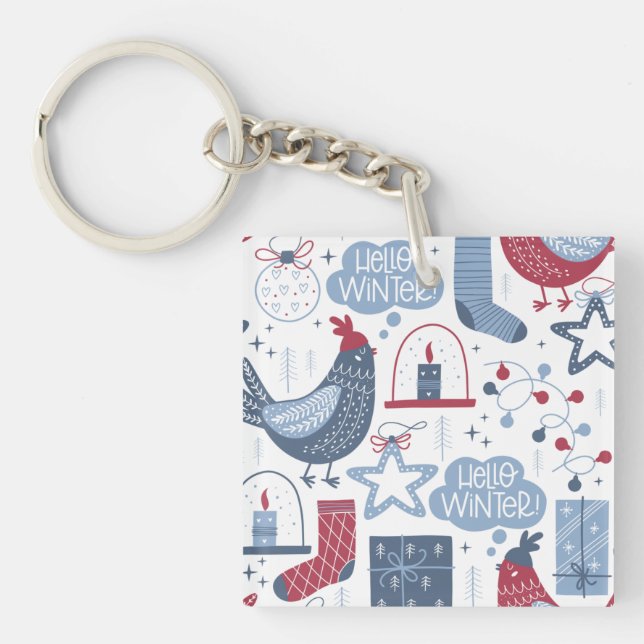 Blue Red Hello Winter Folk Art Chicken Pattern Key Ring (Front)