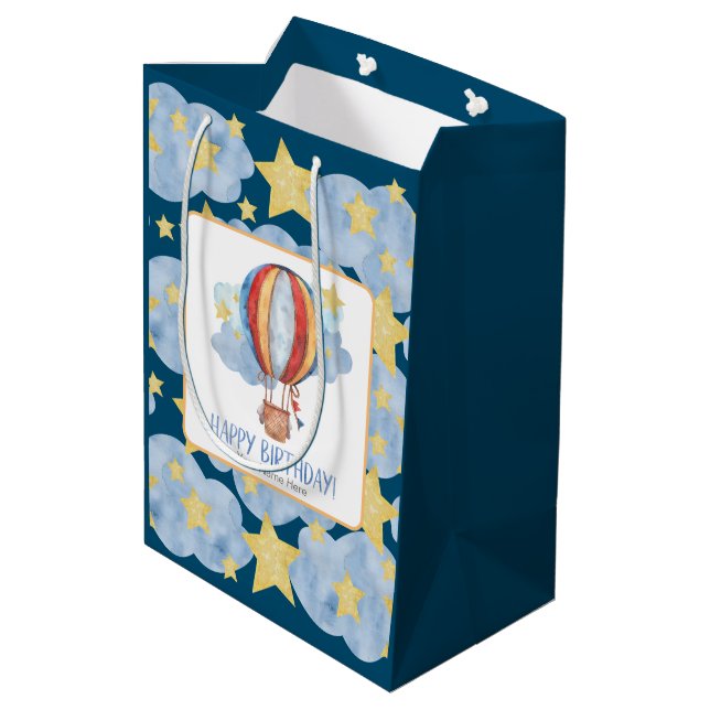 Blue Red Hot Air Balloon Stars Kids Happy Birthday Medium Gift Bag (Back Angled)