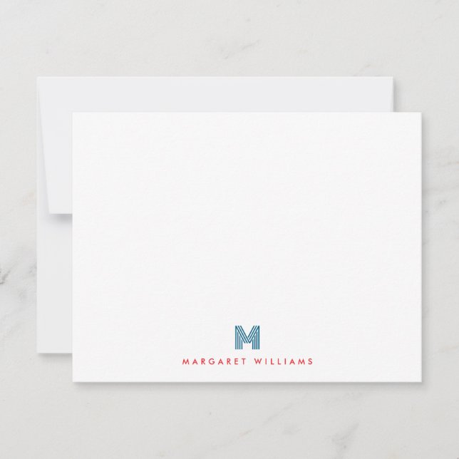 Blue Red Modern Art Deco Monogram Personalised Card (Front)