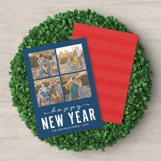 Blue Red Modern Happy New Year Photo Collage Holiday Card (Creator Uploaded)