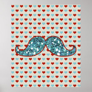 BLUE RED MUSTACHE AND HEARTS GLITTER POSTER