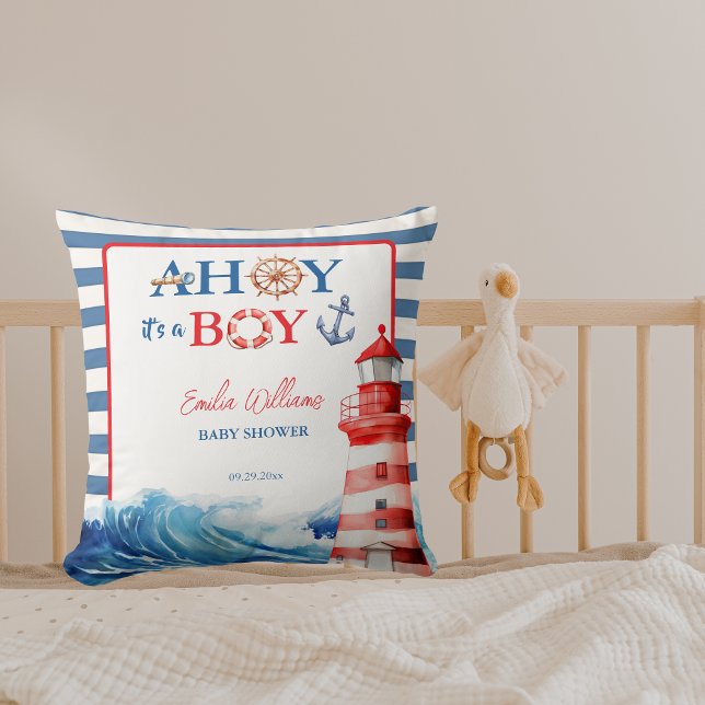  Blue Red Nautical Ahoy Boy Lighthouse Baby Shower Cushion (Creator Uploaded)