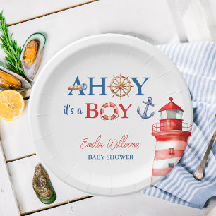 Blue Red Nautical Ahoy Boy Lighthouse Baby Shower Paper Plate