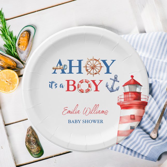 Blue Red Nautical Ahoy Boy Lighthouse Baby Shower Paper Plate (Creator Uploaded)