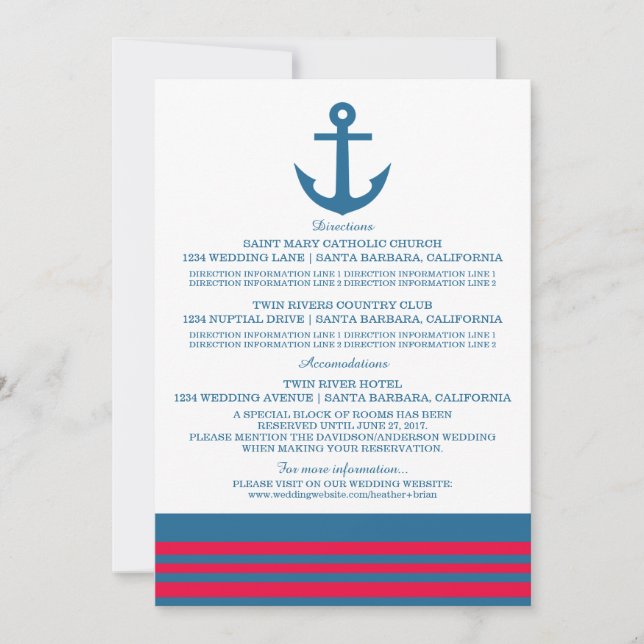 Blue Red Nautical Anchor Information Card (Front)