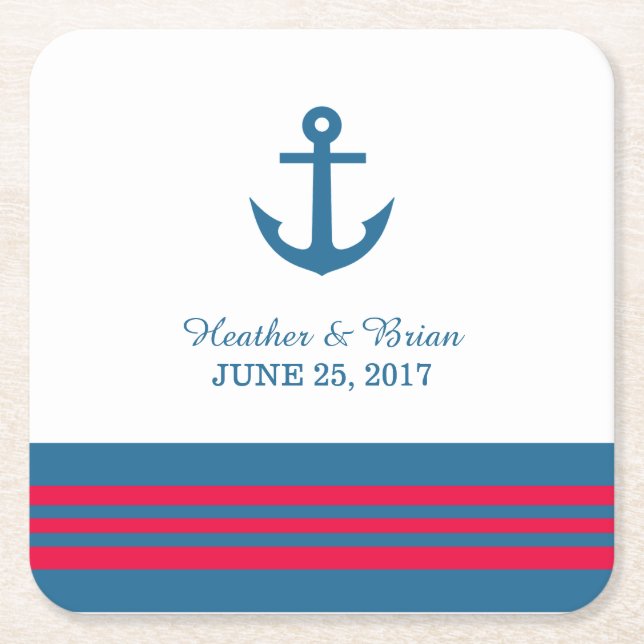 Blue Red Nautical Anchor Wedding Paper Coasters (Front)