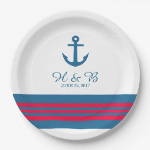 Blue Red Nautical Anchor Wedding Paper Plates