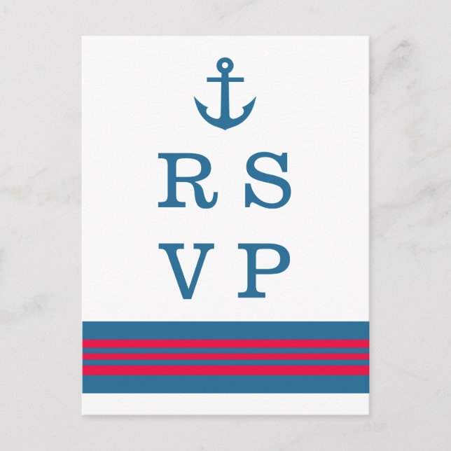 Blue Red Nautical Anchor Wedding RSVP Postcard (Front)