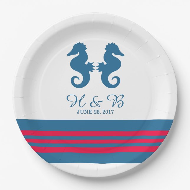 Blue Red Nautical Seahorse Paper Plates (Front)
