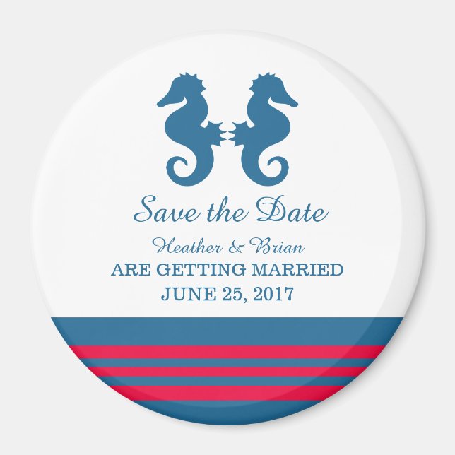 Blue Red Nautical Seahorse Save the Date Magnet (Front)
