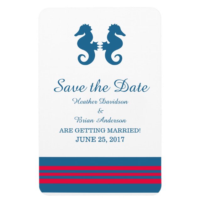 Blue Red Nautical Seahorse Save the Date Magnet (Vertical)