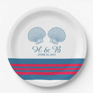 Blue Red Nautical Seashells Paper Plates