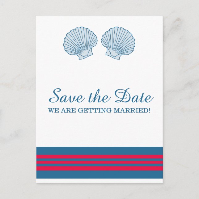 Blue Red Nautical Seashells Save the Date Announcement Postcard (Front)