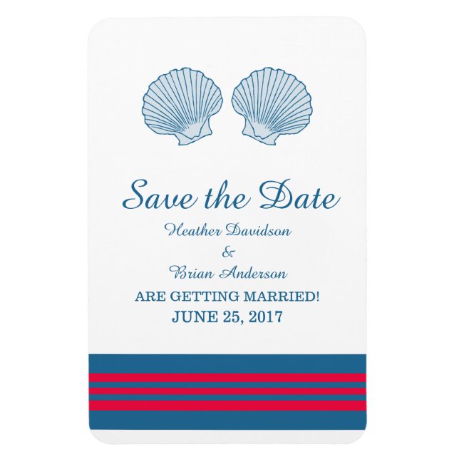 Blue Red Nautical Seashells Save the Date Magnet (Vertical)