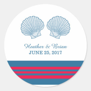 Blue Red Nautical Seashells Wedding Stickers