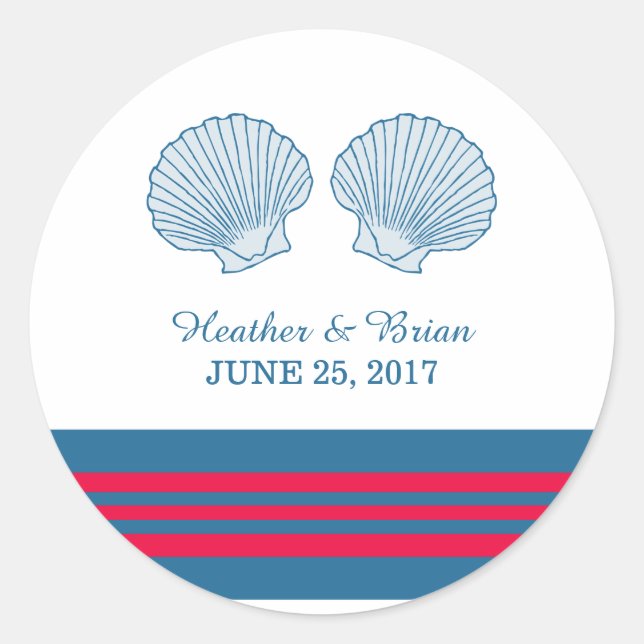 Blue Red Nautical Seashells Wedding Stickers (Front)