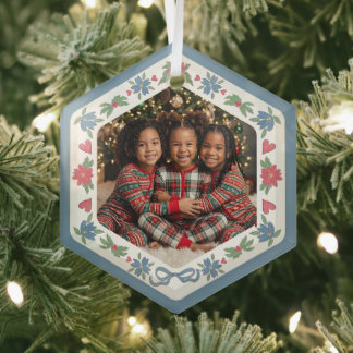 Blue Red Nordic Christmas Frame Hexagon Photo Glass Tree Decoration