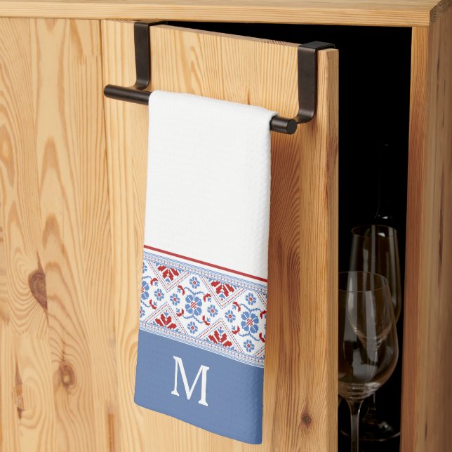 Blue Red Nordic Flower Pattern Monogram Tea Towel (Thirds Fold)