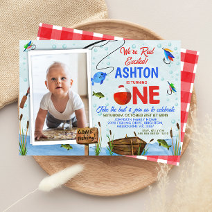 Blue Red Ofishal Reel Excited Fishing 1st Birthday Invitation
