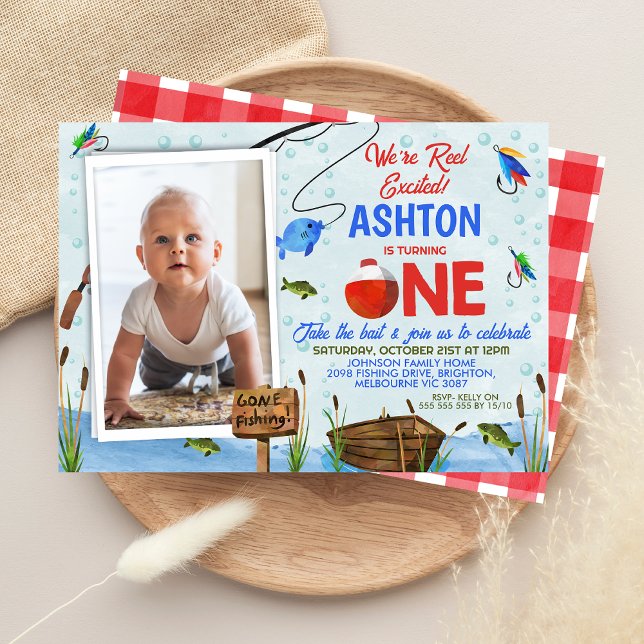 Blue Red Ofishal Reel Excited Fishing 1st Birthday Invitation (Boys Fishing 1st Birthday Invitation Ofishally One Reel Excited Big One, Fishing Themed 1st Birthday)