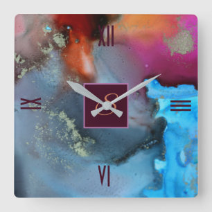 Blue Red Orange Abstract Waves Monogram Square Wall Clock