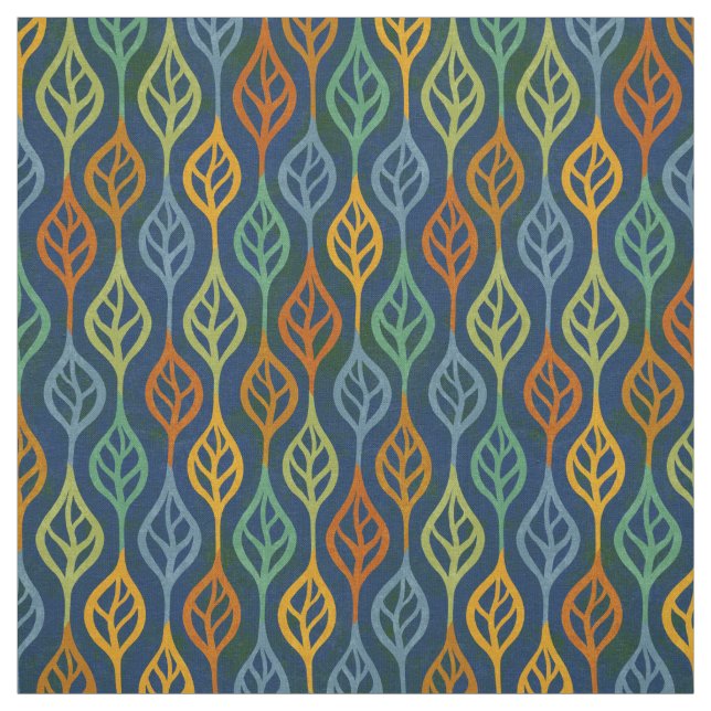 Blue Red Orange Green Teal Fall Leaves Pattern Fabric (Swatch)
