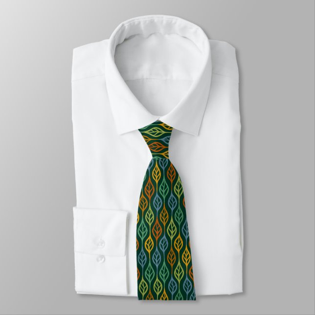Blue Red Orange Green Teal Fall Leaves Pattern Tie (Tied)